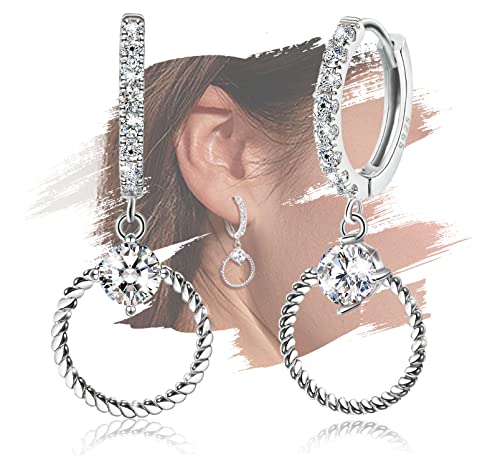 Sterling Silver Hoop Earrings With Drop Dangle Hypoallergenic Twisted Huggie Earrings with Charms Cubic Zirconia Fashion for Women Girls Gifts for Valentine's Day