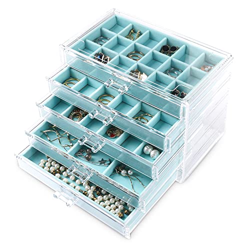 Frebeauty Acrylic Jewelry Organizer,Earring Organizer Box with 5 Drawers Clear Jewelry Box with Velvet Trays for Women,Stackable Earring Display Holder for Rings Studs and Bracelets(Turquoise)
