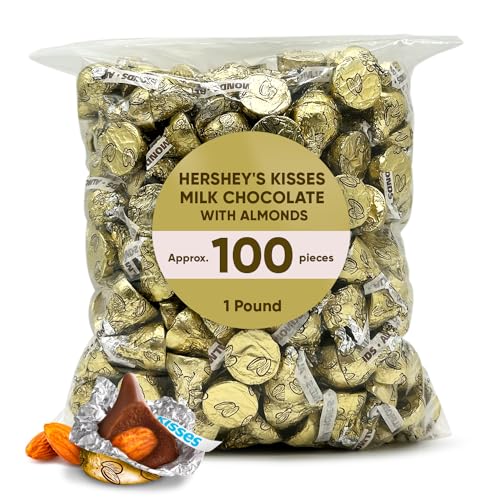 Hershys Kisses Milk Chocolate With Almonds 1 Pounds Approx 100 Pieces - Bulk Candy Individually Wrapped Snacks Almond Candy In Gold Foil - Chocolate Candy Bulk Celebrations Chocolate For Parties, Weddings, Birthdays, Gifting, Sharing - Perfect Snacks For Adults & Kids - Candy Office Snacks -