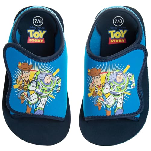 Josmo Kids Toy Story Sandals Open Toe Adjustable Strap - Sheriff Woody and Buzz Lightyear Character Hero Water Shoe SlipOn Slides - Navy (Size 7-8 Toddler)