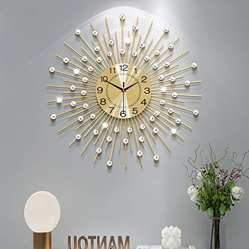 YIJIDECOR Large Wall Clocks for Living Room Decor Big Silent Wall Clock Battery Operated Non-Ticking for Bedroom Kitchen Home Decorative 24 Inch Gold Round Crystal Metal Wall Watch for Office Indoor