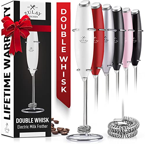 Zulay Double Whisk Milk Frother Handheld Mixer - High Powered Frother For Coffee With Improved Motor - Electric Whisk Drink Mixer For Cappuccino, Frappe, Matcha & More, Twin Whisk (Blizzard White)