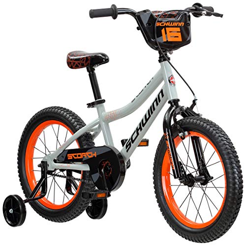 Schwinn Scorch BMX Style Kids Bike, For Boys and Girls Ages 3-7 Years, 16-Inch Wheels, Training Wheels Included, Cross Bar Pad and Number Plate, Rider Height 38 to 48 Inches, Grey