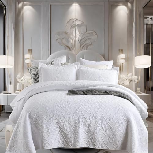 Brandream White Quilts Cotton Queen Size Luxury Matelasse Coverlet Set Quilted Comforter Set 3-Piece