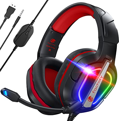 Fachixy「2024 New」FC200 PC Gaming Headset for PS4/PS5/Xbox One, Noise Canceling Headset with Stereo Microphone Sound, Computer Headset with 3.5mm Jack & RGB Light