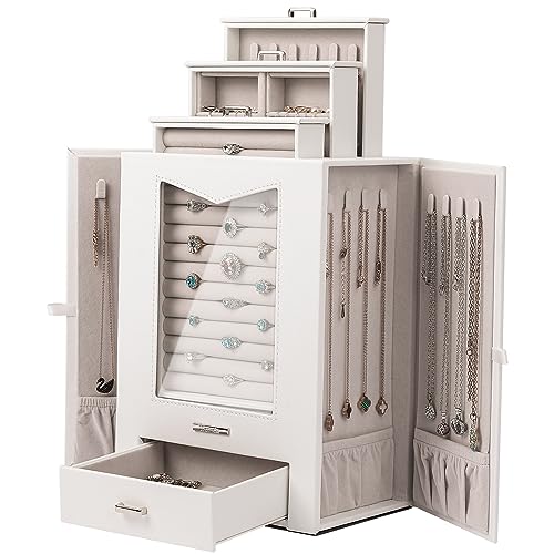 Homde Jewelry Organizer with Transparent Window Necklace Hooks Gift for Women Jewelry Box Display Case for Necklaces Rings Earrings Bracelets and Other Jewelry Accessories (White)