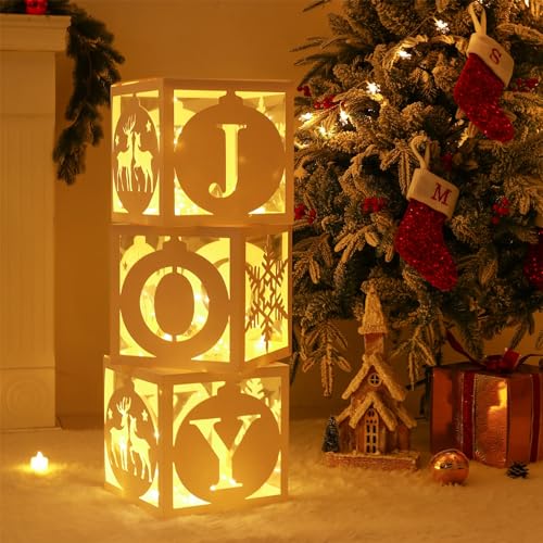 Light Up Christmas Decorations Indoor - 3pcs White Hollow-Out Paper Joy Boxes with Warm Light String, Holiday Fireplace Christmas Decorations for Home
