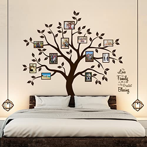 TIMBER ARTBOX Family Tree Wall Decor – Family Saying Large Tree Wall Decals – Sweet Family Wall Decor for Living Room – Dark Brown Vinyl Photo Frames Collage Frame Wall Stickers with Quote