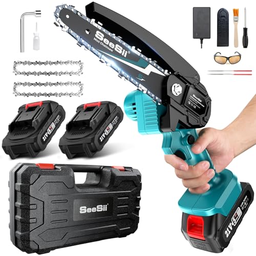 Seesii Mini Chainsaw Cordless 6-inch, Handheld Electric Power Chain Saw with 2 Batteries, for Tree Trimming Wood Cutting, Best Gifts for Dad, Husband