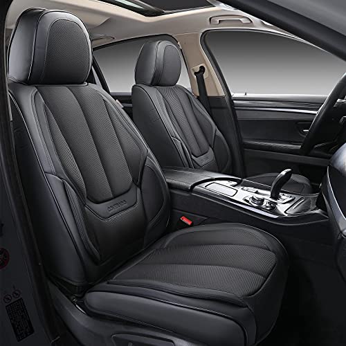 Coverado Front Seat Covers, 2 Pieces Universal Seat Covers for Cars, Breathable Fabric & Leather Car Seat Protectors, Car Seat Cushions Auto Accessories Fit for Most Sedans SUV Truck, Black