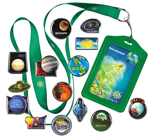 Explorer Outer Space Solar System Pin Collection Set w/Lanyard by Spartan & the Green Egg - 14 Pins - Includes Planets, International Space Station