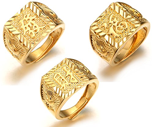 Halukakah Mens Gold Ring 3PCs Set,18K Real Gold Filled Kanji Rich/Luck/Wealth Size Adjustable,Gift for Men