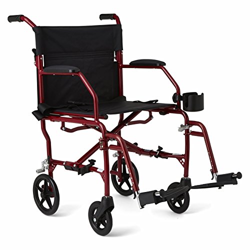 Medline Ultra Lightweight Transport Wheelchair for Adults, Foldable, 19-Inch Seat Width, Red Frame, Black Upholstery