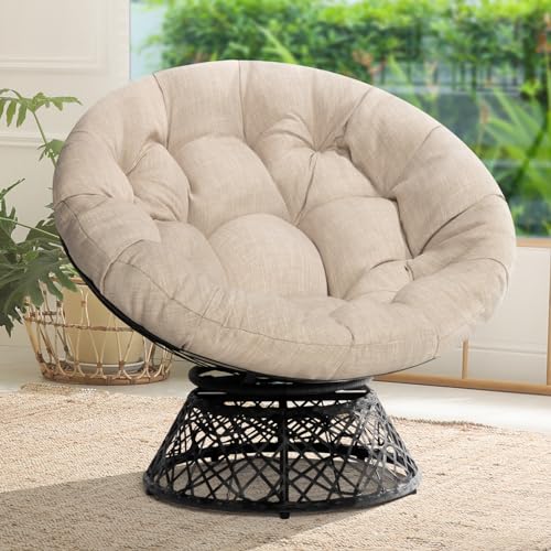 Bme 40' Ergonomic Wicker Papasan Chair with Soft Thick Density Fabric Cushion, High Capacity Steel Frame, 360 Degree Swivel for Living, Bedroom, Reading Room, Lounge, Sepia Sand - Black Base