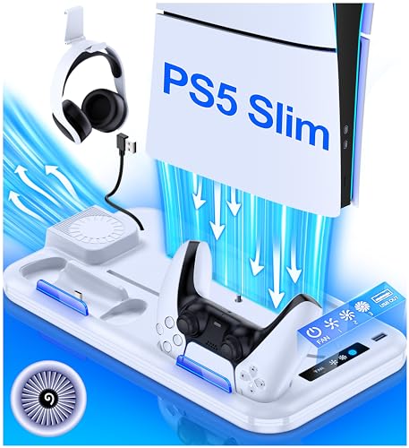 PS5 Slim Stand and Turbo Cooling Station with Controller Charging Station for Playsation 5 Slim Disc Digital Console, PS5 Accessories Incl. 3 Levels Cooling Fan, Charging Dock, USB HUB, Headset Holder