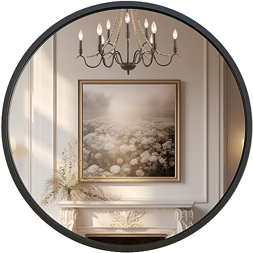 G-LEAF Black Round Mirror 24 inch, Circle Mirror for Bathroom, Entryway, Vanity, Living Room, Round Bathroom Mirror for Wall