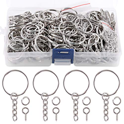 Swpeet 450Pcs 1' 25mm Sliver Key Chain Rings Kit, Including 150Pcs Keychain Rings with Chain and 150Pcs Jump Ring with 150Pcs Screw Eye Pins Bulk for Jewelry Findings Making (Sliver)