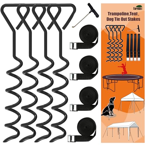 Eurmax USA Trampoline Stakes Heavy Duty Trampoline Parts Corkscrew Shape Steel Stakes Anchor Kit with T Hook for Trampolines -Set of 4 Bonus 4 Strong Belt,Black