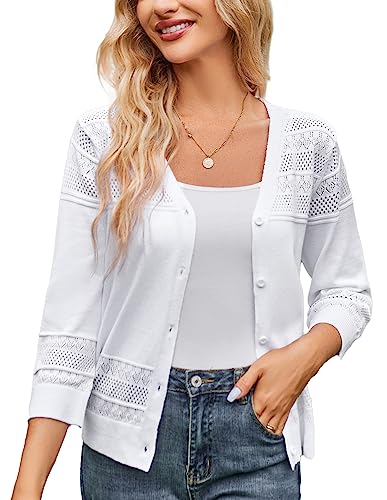 GRACE KARIN Women's Cropped Cardigan 3/4 Sleeve Lightweight Crochet Shrug Hollowed-Out Knit Sweater Tops Bright White M