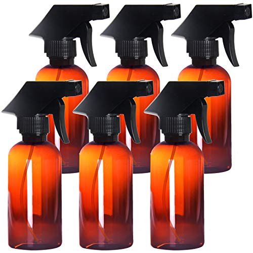 Youngever 6 Pack Empty Amber Plastic Spray Bottles, 8 Ounce Refillable Container for Essential Oils, Cleaning Products, or Aromatherapy, Trigger Sprayer with Mist and Stream Settings