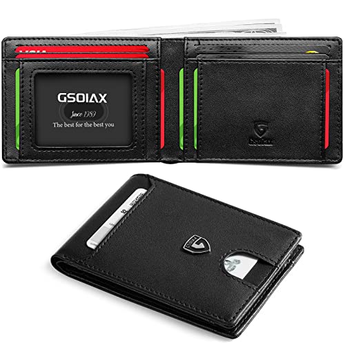 GSOIAX Mens Slim Wallet RFID Blocking Bifold wallets for men Minimalist Genuine Leather Carbon Fiber Card Holder Money Clip Thin Mens with Gift Box (Black-1)