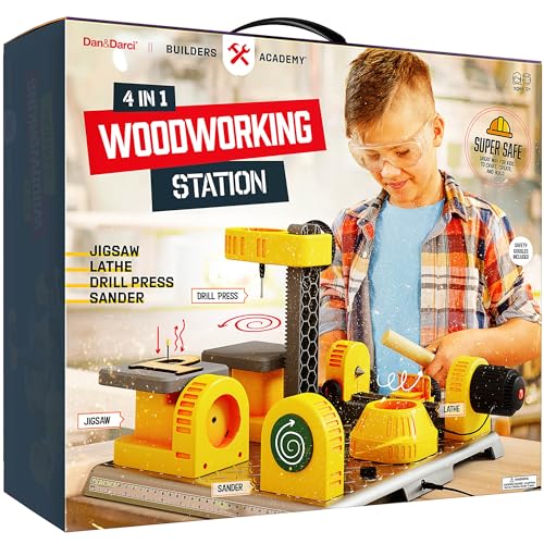 4 in 1 Woodworking Station for Kids - Wood Building Projects Kit for Boys - Real Construction Tools Sets - Boy Tool Set - Easter Gifts for Boy Age Year Old - Cool STEM Toys Kits Birthday Gift Ideas