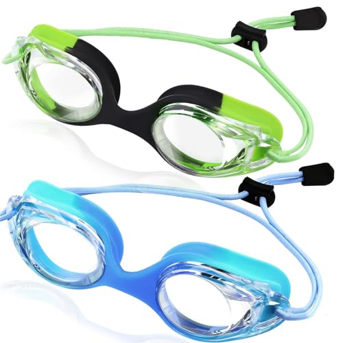 Vvinca Kids Swim Goggles with Bungee Strap No Leaking Anti Fog Toddler Goggles Quick Adjust 3-14 (A- Green & Blue Gradient)