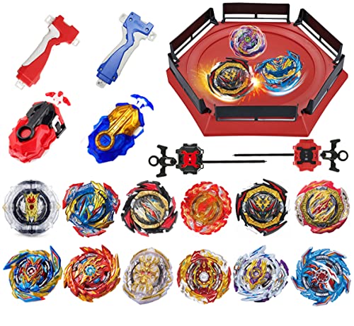 Bey Burst Gyro Toy Set with Arena Metal Fusion Attack Top Grip Toy Great Birthday Gift for Boys Children Kids Age 6 8 10 12+ Game Storage Box 12 Burst Gyros 1 Stadium 4 Two-Way Launcher 2 Handles