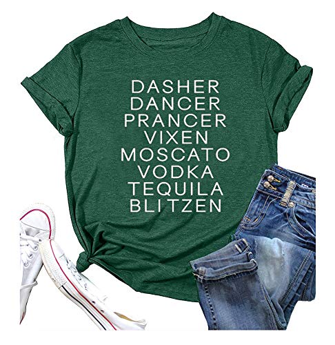 Reindeer Alcohol Christmas Shirts Women Funny Letter Sayings Print T Shirt Xmas Short Sleeve Graphic Tees Tops (Green, XL)