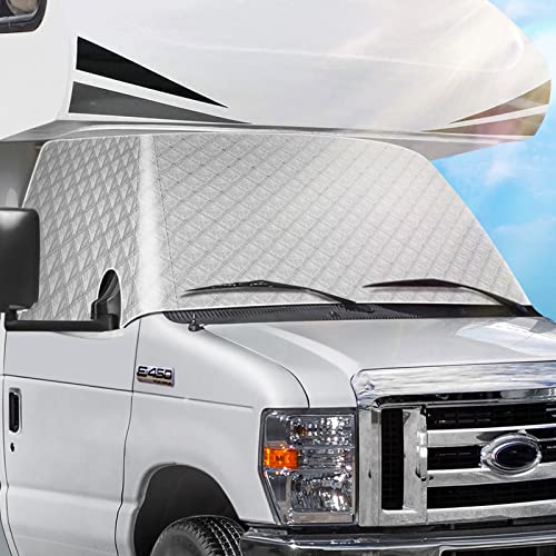 RV Windshield Cover Compatible with Class C Ford E450 1997-2024 RV Front Window Cover Motorhome Windshield Cover RV Window Sunshade Cover Snow Cover 4 Layers with Mirror Cutouts Silver