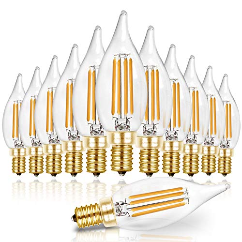 Hizashi 90+ CRI LED Candelabra Bulb 40W Equivalent E12 LED Bulb Dimmable 2700K Soft Warm White, Chandelier Light Bulbs, 4W 450LM Flame Tip CA10 Candle Light Bulbs, UL Listed - 12 Pack