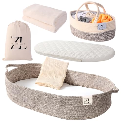 ZEAL'N LIFE Baby Changing Basket with Diaper Caddy, Baby Blankets and Changing Pad with Waterproof Cover - Moses Basket for Babies, Changing Basket Baby, Baby Changing Pad, Moses Basket (Brown)