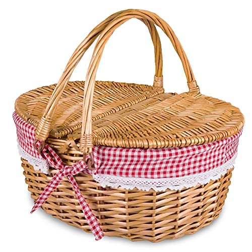 Wicker Picnic Basket with Lid and Handle Sturdy Woven Body with Washable Plaids Liner,Red