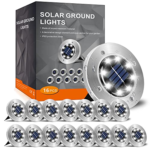 INCX Solar Ground Lights,16 Packs 8 LED Garden Solar Powered Disk Lights Waterproof In-Ground Outdoor Landscape Lighting for Patio Pathway Lawn Yard Deck Driveway Walkway, Cold White