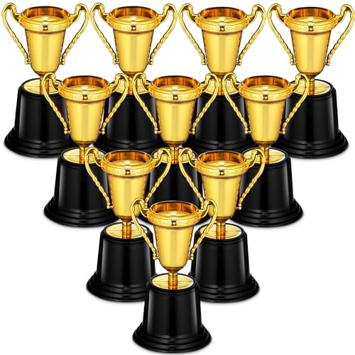 Gold Award Trophy Cups - Pack of 12 Bulk - 5 Inch Plastic Gold Trophies for Party Favors, Props, Rewards, Winning Prizes, Competitions for Kids and Adults by Bedwina
