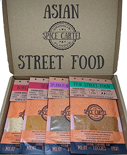 Spice Cartel's Asian Street Food Collection of Artisanal Herb & Spice Blends from Across Asia. Hand Made Grilling Gifts For Dad From The UK. 4 * 35g Resealable Pouches.