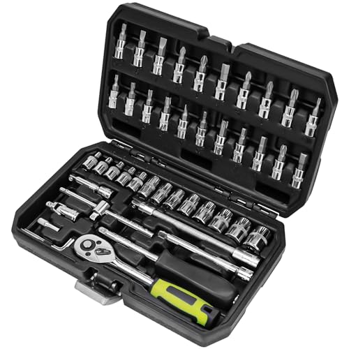 OTLOOMTBT 46 Pieces 1/4 Inch Drive Industrial Grade Socket Ratchet Wrench Set, with Bit Socket Set Metric and Extension Bar for Auto Repairing and Household, With Thickened Storage Case