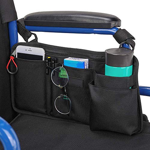 ISSYZONE Wheelchair Side Bag, Walker Pouch Bag with Cup Holder, Wheelchair Armrest Accessories for Walker, Rollator, Electric Scooter Wheelchairs, Ideal Gift for Mother's Day & Father's Day (Black)