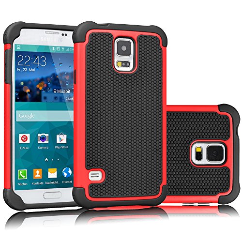 Tekcoo Galaxy S5 Case, [Tmajor] Sturdy [Red/Black] Shock Absorbing Hybrid Rubber Plastic Impact Defender Rugged Slim Hard Case Cover Bumper for Samsung Galaxy S5 S V I9600 GS5 All Carriers
