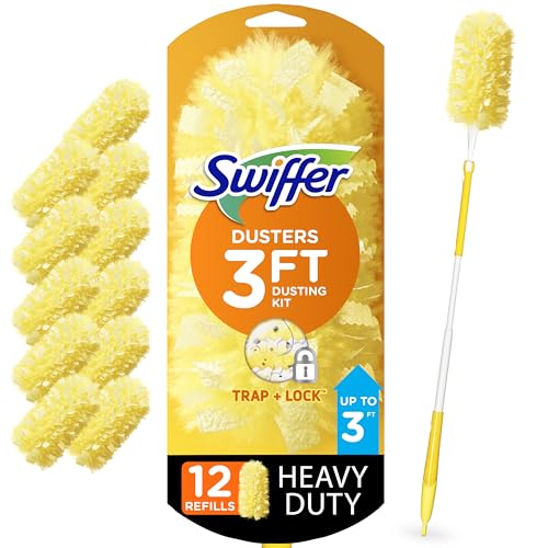 Swiffer Duster Heavy Duty 3 ft Extended Handle Dusting Kit (1 Duster, 12 Refills)