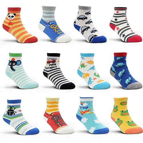 12 Pairs Toddler Boy Socks Lovely Assorted Cartoon Kids Socks Non Skid Slipper Socks Grips 3-5 Years Old Baby