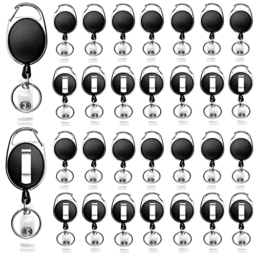 30 Packs Heave Duty Badge Reels Retractable with Carabiner Belt Clip and Key Ring, Badge Holders for ID Card Name Keychain(Black, 26.5 Inch Pull Cord)