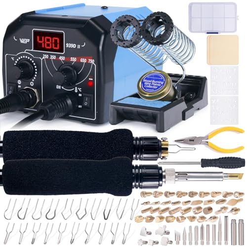 WEP 939D-II 2-IN-1 Wood Burning Kit 86-IN-1 with 51 Solid Points and 20 Wire Nibs Wood Burner with 2 Letter Number Stencils, 2 Unfinished Wood, 1 Pen Holder, Burning Tool