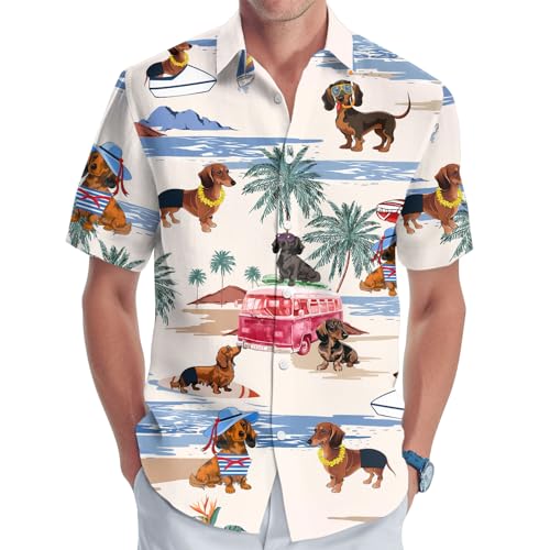 GEPOS Dog Lover Pint Casual Hawaiian Shirt for Unisex, Pet Owner Short Sleeve Button Shirt for Men Women, Dachshund Beach (Large)