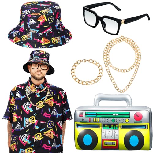 Hicarer 6 Pcs 80s 90s Outfits Accessories Set for Men Boys 80's Costume Hip Hop Costume Rapper Rocker Disco for 1980s Party (Classic Style,XL)