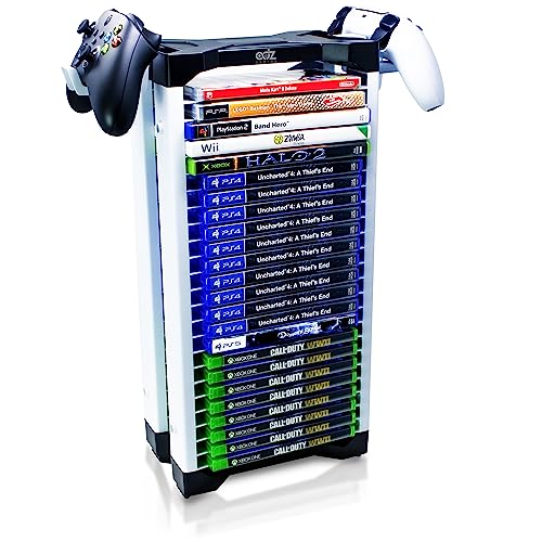 ADZ Universal Game Holder – 23 Game Storage Tower Rack for PS2 PS3 PS4 PS5 PSP Xbox 360 Xbox One Series X Wii Switch Games DVD and Blu-Ray Disks. Includes 2 Controller Mounts