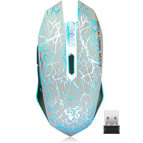 VEGCOO C10 Wireless Gaming Mouse, Rechargeable Gaming Mouse, Silent Optical Mice with 2.4G USB Receiver, 3 Ajustable DPI, 7 Colorful LED Lights for Gamer (White)
