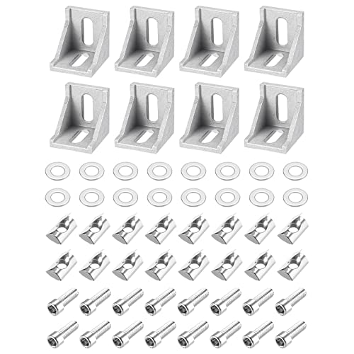 uxcell 8Set Inside Corner Bracket Gusset Kits, 38x38x35mm 4040 Angle Connector for European 4040 Series Aluminum Profile (Silver/ 16 x T Spring Nuts & Hex Socket Bolts)