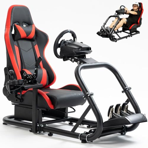 Marada Racing Sim Cockpit Stand with Red Seat 50mm Large Round Tube ＆ Adjustable,Fit for Logitech G27 G923 G920,Fanatec,Thrustmaster,Professional Racing Cockpit,Wheel Pedal Handbrake Not Included