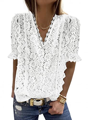 SHEWIN Womens Lace Crochet V Neck Short Sleeve Boho Shirts Casual Loose Ladies Blouses Flowy Dressy Tops for Women Fashion Trendy 2023,US 8-10(M),White